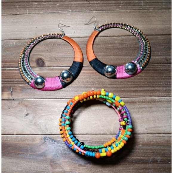 Mod Hippie Boho Beaded Bracelet and Giant Colorful Rhinestone Earrings Costume - Picture 3 of 8